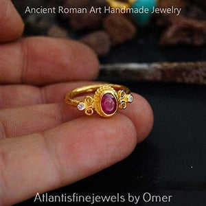 Handmade Ruby & Topaz Ring 24 k Gold Over 925 k Silver By Omer