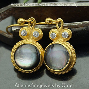 Turkish Pearl Earrings Handmade Designer Jewelry By Omer 925 Sterling Silver 24 k Yellow Gold Plated