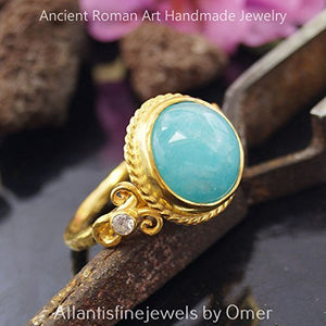 Beautiful Blue Chalcedony Sterling Silver Ring Ancient Art 24k Gold Vermeil