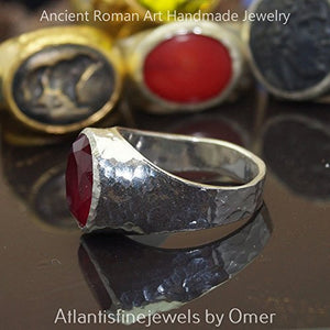 Bold Collection By Omer Large Ruby Unisex Ring Handmade 925 Sterling Silver