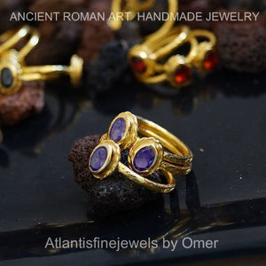 3 pcs Roman Art Oval Amethyst Stack Rings 24k Gold Over Sterling Silver By Omer