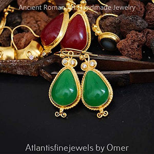 Handmade Roman Art Large Green Jade Earrings 24k Gold Over 295k Sterling Silver