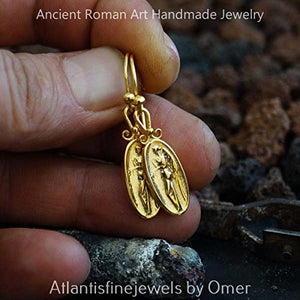 Omer Handmade Dangle Earrings W/ Coin 925 k Sterling Silver 24k Gold Vermeil