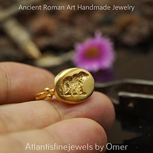 Grizzly Bear Coin Ring Roman Art Handmade Fine Sterling Silver 24k Gold Vermeil Turkish Handcrafted Jewelry