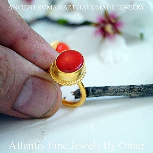 Oval Coral Ring Sterling Silver Hand Forged By Omer 24 k Gold Plated Handmade