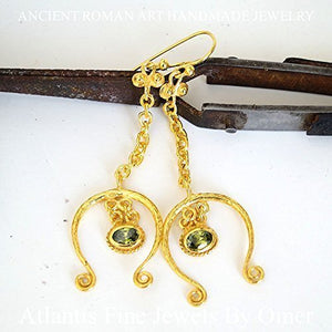Peridot Charm Hook Earrings 925 k Sterling Silver 24k Gold Plated Handmade