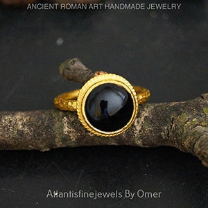 Turkish Hammered Onyx Ring 925 Sterling Silver 24 k Yellow Gold Plated