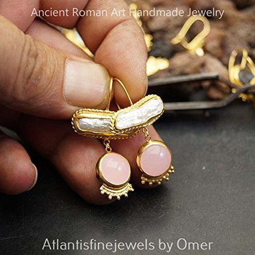 Turkish Pearl & Pink Topaz Earrings Handmade Designer Jewelry By Omer 925 Sterling Silver 24 k Yellow Gold Plated
