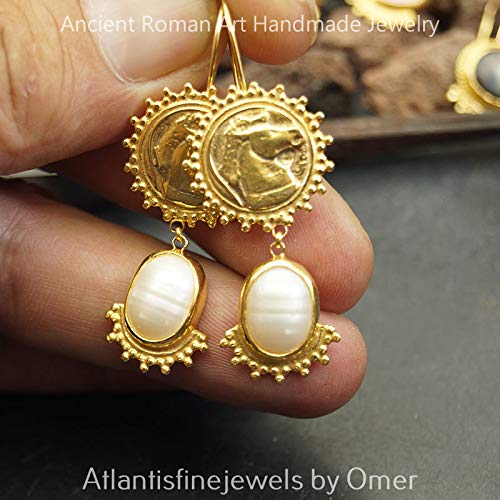 Roman Art Pearl & Horse Dangle Coin Earrings Sterling Silver Sun Collection 24k Yellow Gold Plated Turkish Jewelry
