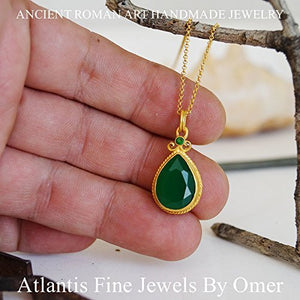 Omer Turkish Handmade Green Jade Necklace 24k Gold Over 925k Sterling Silver