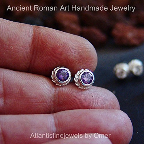 Handmade Ancient Roman Art Amethyst Stud Earrings By Omer 925k Sterling Silver
