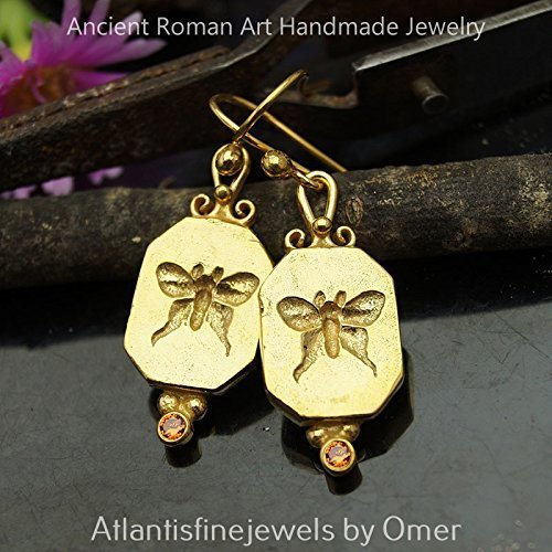 Turkish Butterfly Coin Earrings Handmade Designer Jewelry By Omer 925 Sterling Silver 24 k Yellow Gold Plated