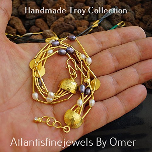 Roman Art Hammered Clasp Multi Strand Troy Bracelet W/ Pearls 24k Gold Over Ster