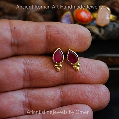 Handmade Designer Ruby Color Stud Earrings 24 k Gold Over 925 k Sterling Silver