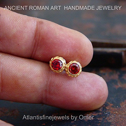 Handmade Roman Art Garnet Stud Earrings By Omer 24k Gold over 925k Silver