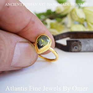 Pear Peridot Topaz Ring 24 k Gold Over 925 k Sterling Silver Handmade By Omer