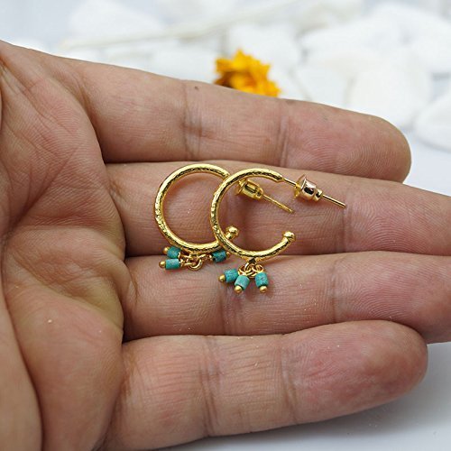 Omer 925k Sterling Silver Hammered Hoop Earrings W/ Turquoise Charm 24k Gold Vermeil