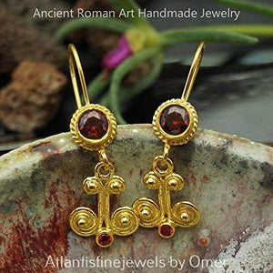 Omer 925 Silver Ancient Art Dangle Garnet Gold Earrings Fine Turkish Jewellery