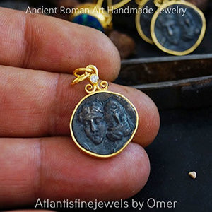 OXIDIZED GREEK ART COIN PENDANT BY OMER 24K GOLD OVER 925 K STERLING SILVER