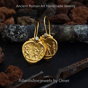 Handmade Heart Shape Roman Art Silver Coin Earrings W/Topaz 24K Vermeil By Omer