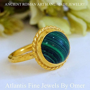 Turkish Malachite Ring Handmade Designer Jewelry By Omer 925 Sterling Silver 24 k Yellow Gold Plated