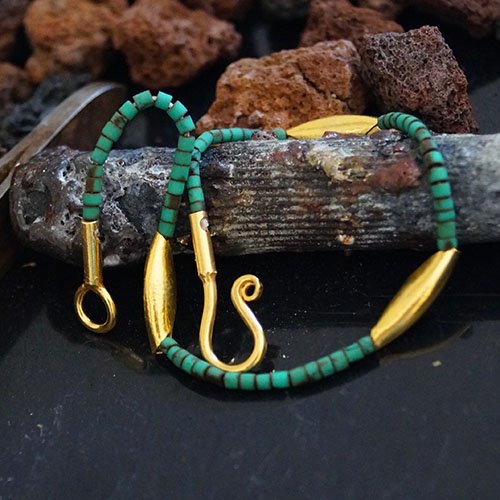 925 Sillver Ancient Art Unique Turquoise Bracelet W/Beads Omer 24k Gold Plated