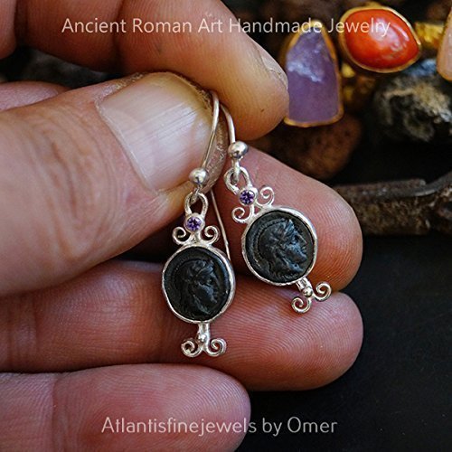 925 k Fine Silver Handmade Amethyst Women Earrings W/ Oxidized Alexander Coin