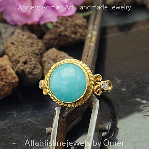 Beautiful Blue Chalcedony Sterling Silver Ring Ancient Art 24k Gold Vermeil