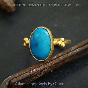 Granulated Work Handmade Turquoise Ring By Omer 24 k Gold Over Sterling Silver