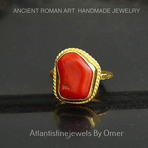 Handmade Red Coral Ring By Omer 24 k Gold Vermeil Sterling Silver