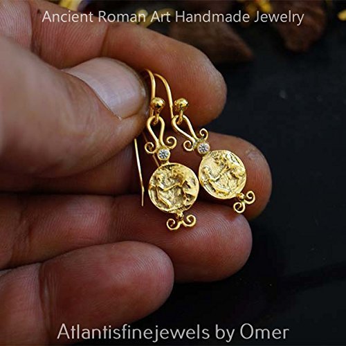 Turkish Coin & White Topaz Earrings Handmade Designer Jewelry By Omer 925 Sterling Silver 24 k Yellow Gold Plated