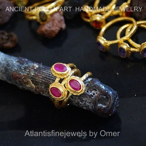 3 pcs Roman Art Oval Ruby Stack Ring Set 24k Gold Over 925 Silver By Omer