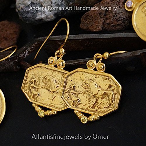 Turkish Lion Coin Earrings Handmade Designer Jewelry By Omer 925 Sterling Silver 24 k Yellow Gold Plated