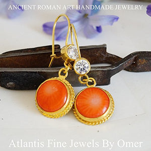 Coral & White Topaz Earrings 24 k Gold Over 925 Sterling Silver By Omer