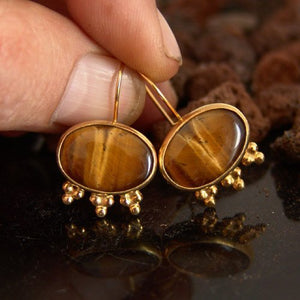 Sterling Silver 925 k Designer Jewelry Tiger Eye Yellow Gold Artisan Earrings