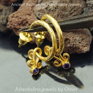 Hammered Small Hoop Earrings W/ Amethyst Charm 24k Gold over 925 Silver By Omer Ancient Roman Art