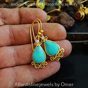 Omer 925 k Silver Handmade Designer Turquoise Earrings W/topaz 24k Gold Over
