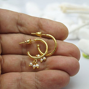 Roman Art Hoop Pearl Charm Earrings 24 K Gold Over 925 K Sterling Silver By Omer