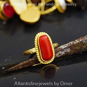 handmade ring w/ coral 24k yellow gold over silver Turkish fine jewelry by omer