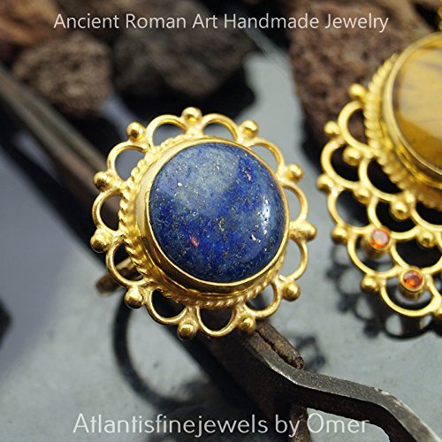 Turkish Lapis Lazuli Ring Handmade Designer Jewelry By Omer 925 Sterling Silver 24 k Yellow Gold Plated