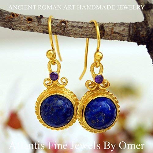 Turkish Lapis Earrings Handmade Designer Jewelry By Omer 925 Sterling Silver 24 k Yellow Gold Plated