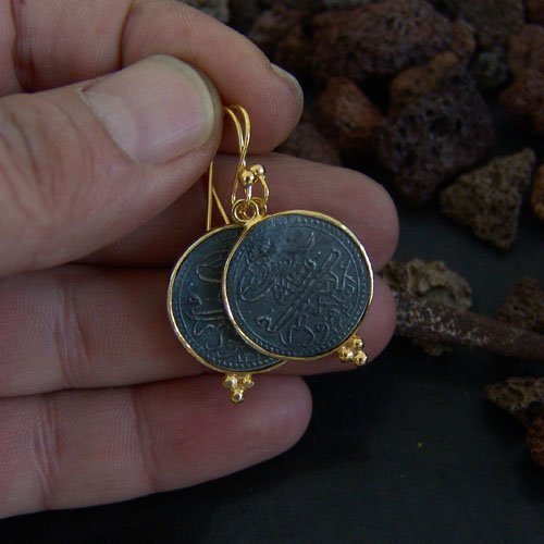 925 Sterling Silver Large Ottoman Coin Fine Earrings By Omer 24k Gold Vermeil