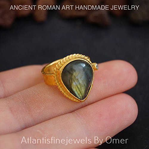 Pear Labradorite Ring 925 k Sterling Silver 24 k Gold Over Handmade By Omer 