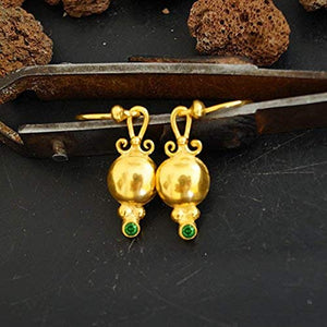 925 Sterling Silver Roman Art Green Topaz Dainty Hook Earrings 24k Gold Vermeil