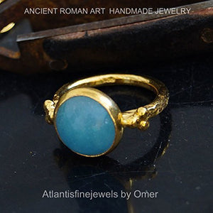  Turkish Blue Chalcedony Ring Handmade Designer Jewelry By Omer 925 Sterling Silver 24 k Yellow Gold Plated