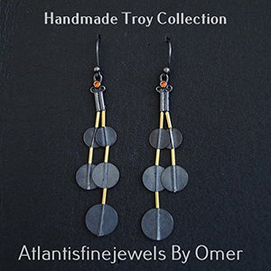 Turkish Troy & Orange Topaz Earrings Handmade Designer Jewelry By Omer 925 Sterling Silver 24 k Yellow Gold Plated