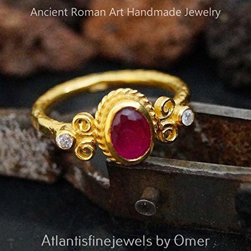 Turkish Ruby Ring Handmade Designer Jewelry By Omer 925 Sterling Silver 24 k Yellow Gold Plated