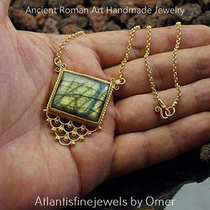 Omer Roman Art Turkish Designer 925 k Sterling Silver Large Labradorite Necklace