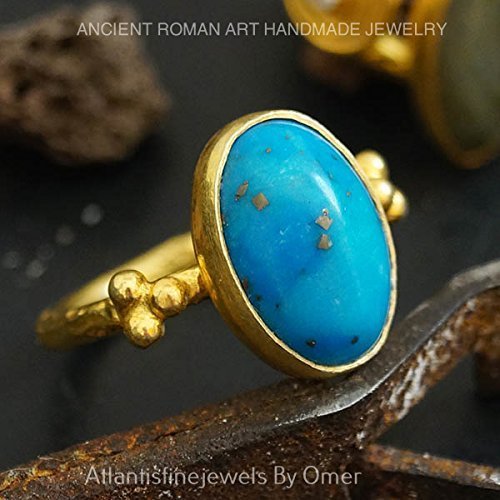  Turkish Turquoise Ring Handmade Designer Jewelry By Omer 925 Sterling Silver 24 k Yellow Gold Plated