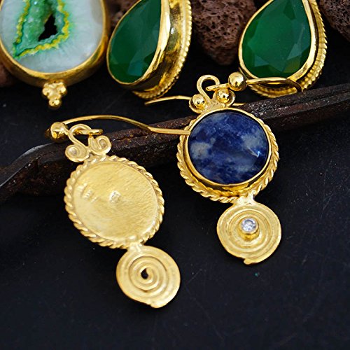 925 Silver Handmade Sodalite & White Topaz Gold Earrings Artisan Turkish Jewelry